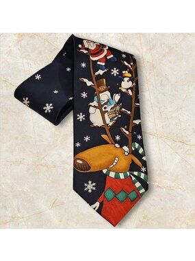 Men’s Navy Christmas Novelty Tie Santa Snowmen & Reindeer Holiday Design
